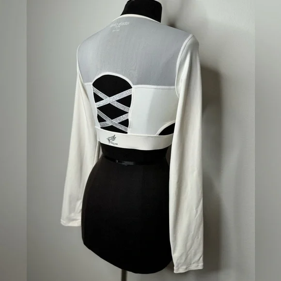 ROBERTO CAVALLI White Long Sleeve Sports Bra Mesh Cut Outs Criss Cross Stretch